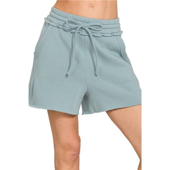 Zenana Fleece Raw Hem Shorts With Draw String - Picture 1 of 3